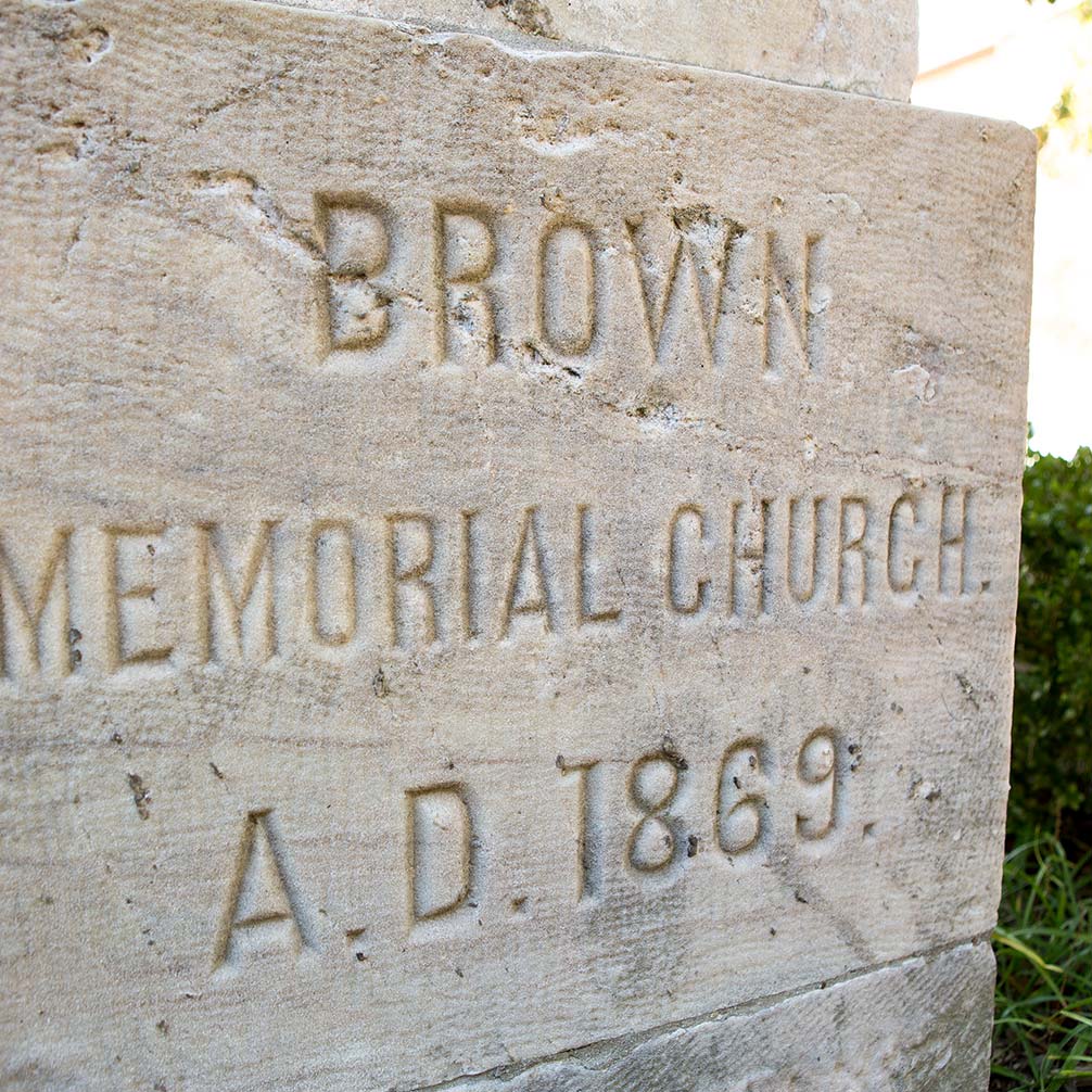 Brown Memorial Church's cornerstone, dated A.D. 1869