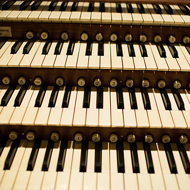 An up close view of the keys on Brown's Skinner organ.