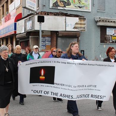 Members of Brown Memorial and the Baltimore Presbytery march in a prayer vigil on April 27.