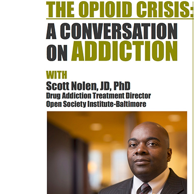 Flyer containing photo of Scott Nolen for the Nov. 12 discussion about the opioid crisis.