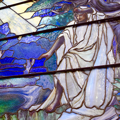 A Tiffany window in Brown Memorial's sanctuary showing Christ in Gethsemane.