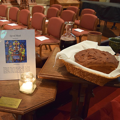 Bread and wine laid out for the Maundy Thursday service