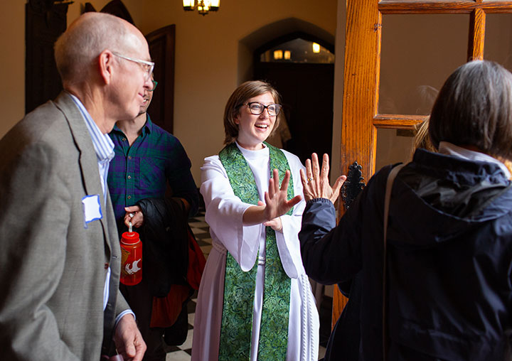 Visitors are greeted in the Narthex.