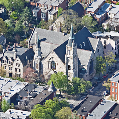 An aerial view of Brown Memorial.