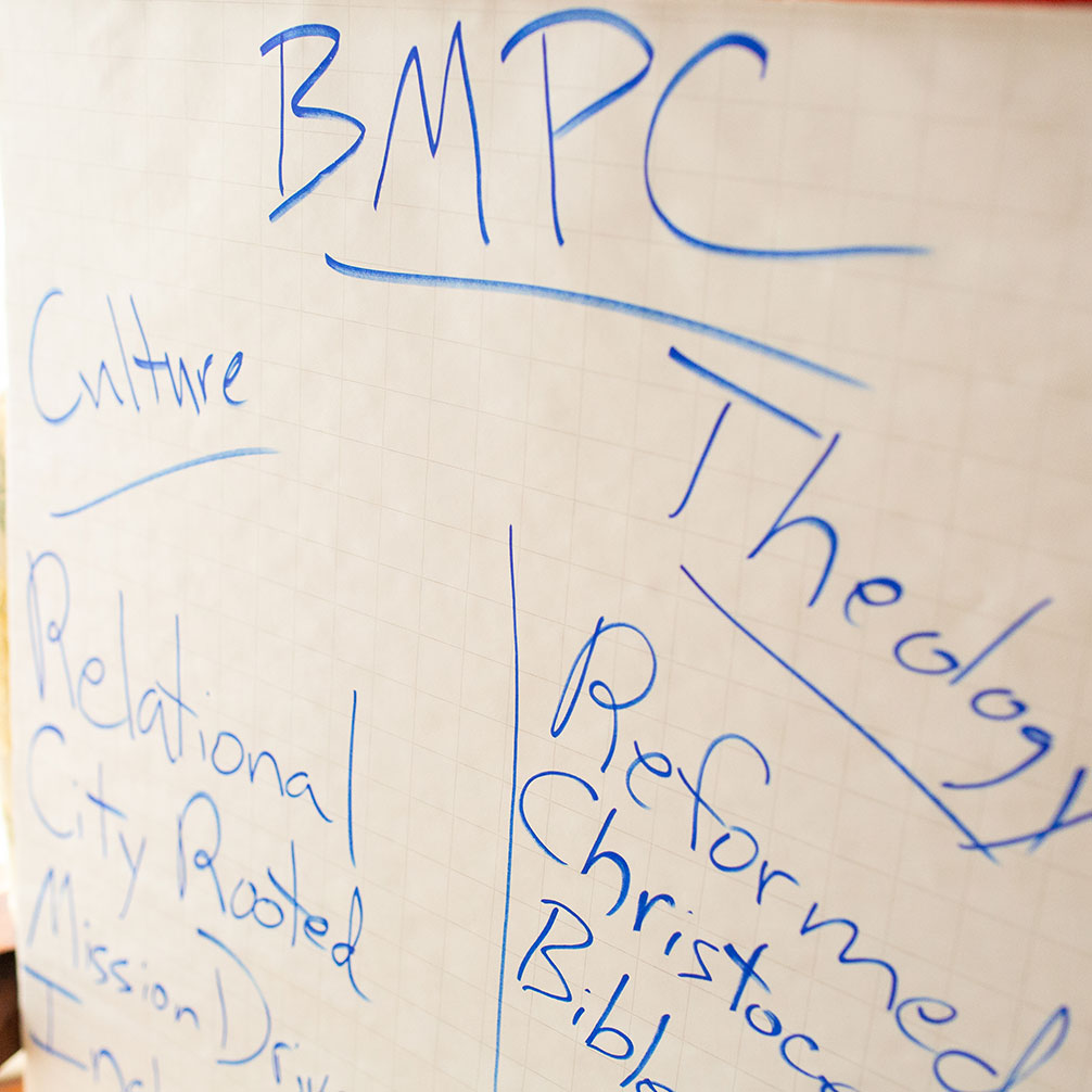 A flip board showing the characteristics of the church culture at Brown Memorial.